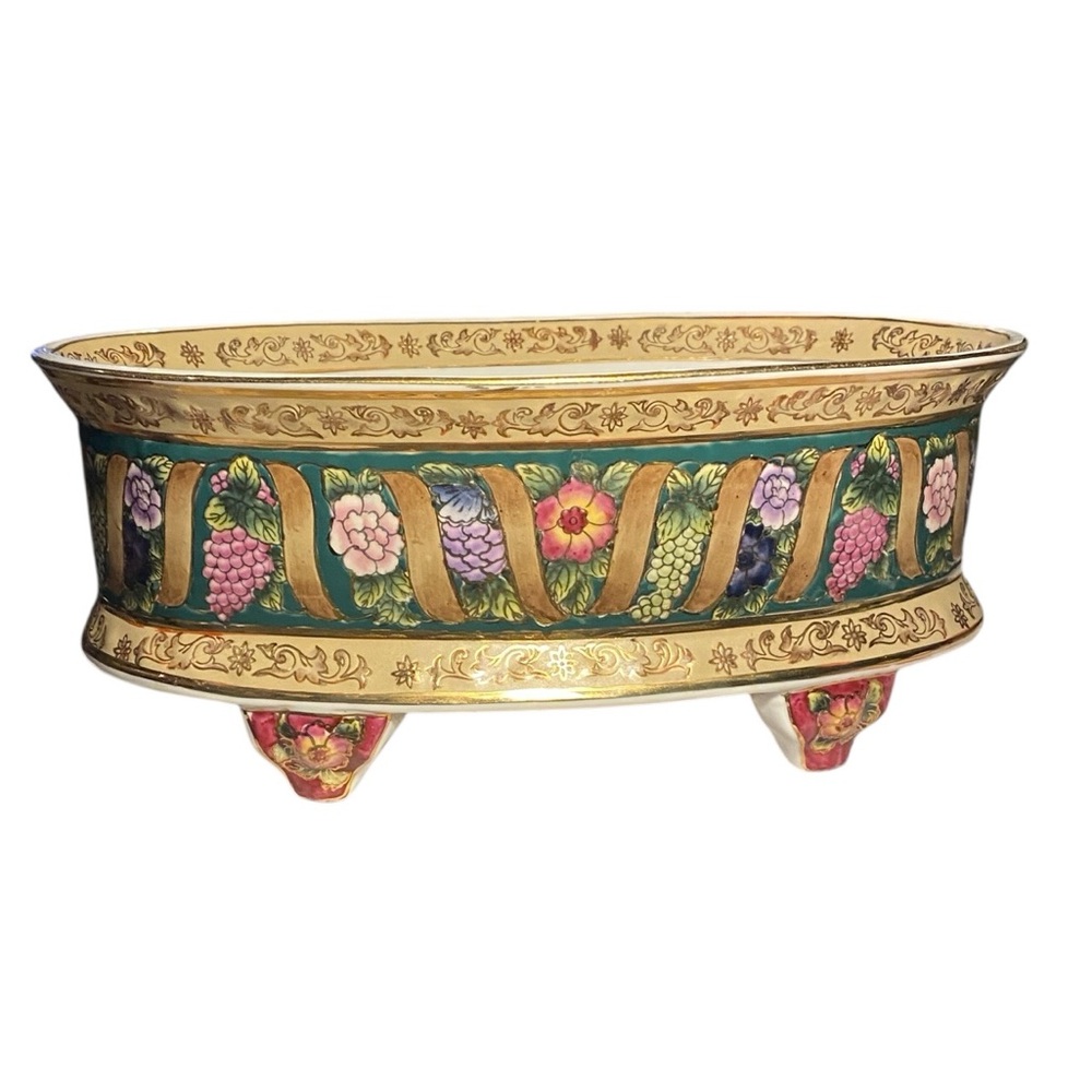 Oriental Accent Brand Porcelain Floral 13” Planter with Gold Accents